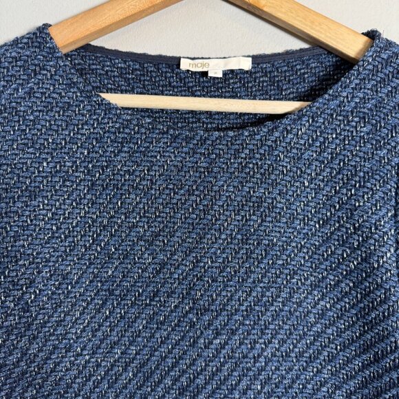 Maje Latino Fringed Sweater Pullover Womens 2 Medium Blue Tweed Coastal Designer - Picture 5 of 11